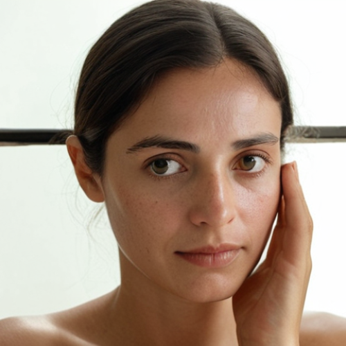 **Prompt:** A serene, contemplative woman (30s-40s, embodying a Brazilian or Portuguese aesthetic) gently touches her face while observing her skin closely in a well-lit, natural setting, perhaps near a window. Beside her, a beautifully minimalist notebook or "skin diary" lies open, suggesting careful observation and personal record-keeping. The image should capture the quiet artistry of understanding subtle skin textures and changes, conveying a sense of patient self-discovery. Focus on soft, diffused light highlighting her skin's nuanced appearance, with no visible branded products.