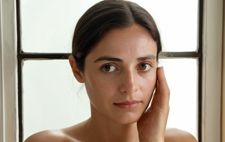 **Prompt:** A serene, contemplative woman (30s-40s, embodying a Brazilian or Portuguese aesthetic) gently touches her face while observing her skin closely in a well-lit, natural setting, perhaps near a window. Beside her, a beautifully minimalist notebook or "skin diary" lies open, suggesting careful observation and personal record-keeping. The image should capture the quiet artistry of understanding subtle skin textures and changes, conveying a sense of patient self-discovery. Focus on soft, diffused light highlighting her skin's nuanced appearance, with no visible branded products.