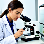 A professional female scientist, fully clothed in a modest, clean white lab coat over professional attire, standing with correct proportions and perfect anatomy. She is examining a natural botanical extract under a microscope in a brightly lit, modern biotechnology laboratory. In the background, sustainable packaging prototypes and raw ingredients from Brazilian biodiversity are visible on a clean, well-organized counter. Her well-formed hands are gently handling the equipment. The scene conveys a scientific, innovative, and ethical atmosphere, captured with high-quality professional photography. This image is safe for work, appropriate content, and depicts a professional setting.