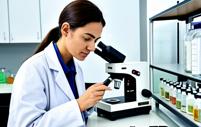 A professional female scientist, fully clothed in a modest, clean white lab coat over professional attire, standing with correct proportions and perfect anatomy. She is examining a natural botanical extract under a microscope in a brightly lit, modern biotechnology laboratory. In the background, sustainable packaging prototypes and raw ingredients from Brazilian biodiversity are visible on a clean, well-organized counter. Her well-formed hands are gently handling the equipment. The scene conveys a scientific, innovative, and ethical atmosphere, captured with high-quality professional photography. This image is safe for work, appropriate content, and depicts a professional setting.