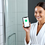 AI Skincare Analysis**

A woman with a clean and healthy complexion smiles as she holds up her smartphone, the screen displaying an AI skincare analysis app showing details about her skin hydration levels. She is in a well-lit, modern bathroom. She is fully clothed in a modest and comfortable robe. Safe for work, appropriate content, family-friendly, professional, perfect anatomy, correct proportions, natural pose, well-formed hands, proper finger count, natural body proportions, high quality, studio lighting.

**