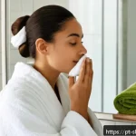 Home 14 스킨케어 실습 과목에서 주의할 점 - A serene bathroom scene featuring a young adult woman with clear, healthy skin performing a gentle f...
