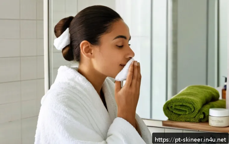 스킨케어 실습 과목에서 주의할 점 - A serene bathroom scene featuring a young adult woman with clear, healthy skin performing a gentle f...