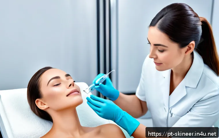 스킨케어와 뷰티 분야의 융합 직업 - A professional female esthetician in a modern clinic setting, wearing clean, stylish medical scrubs ...